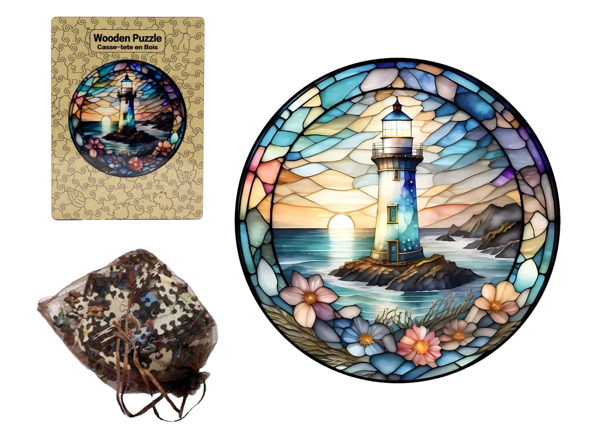 Round Wood Puzzle: Lighthouse Scene