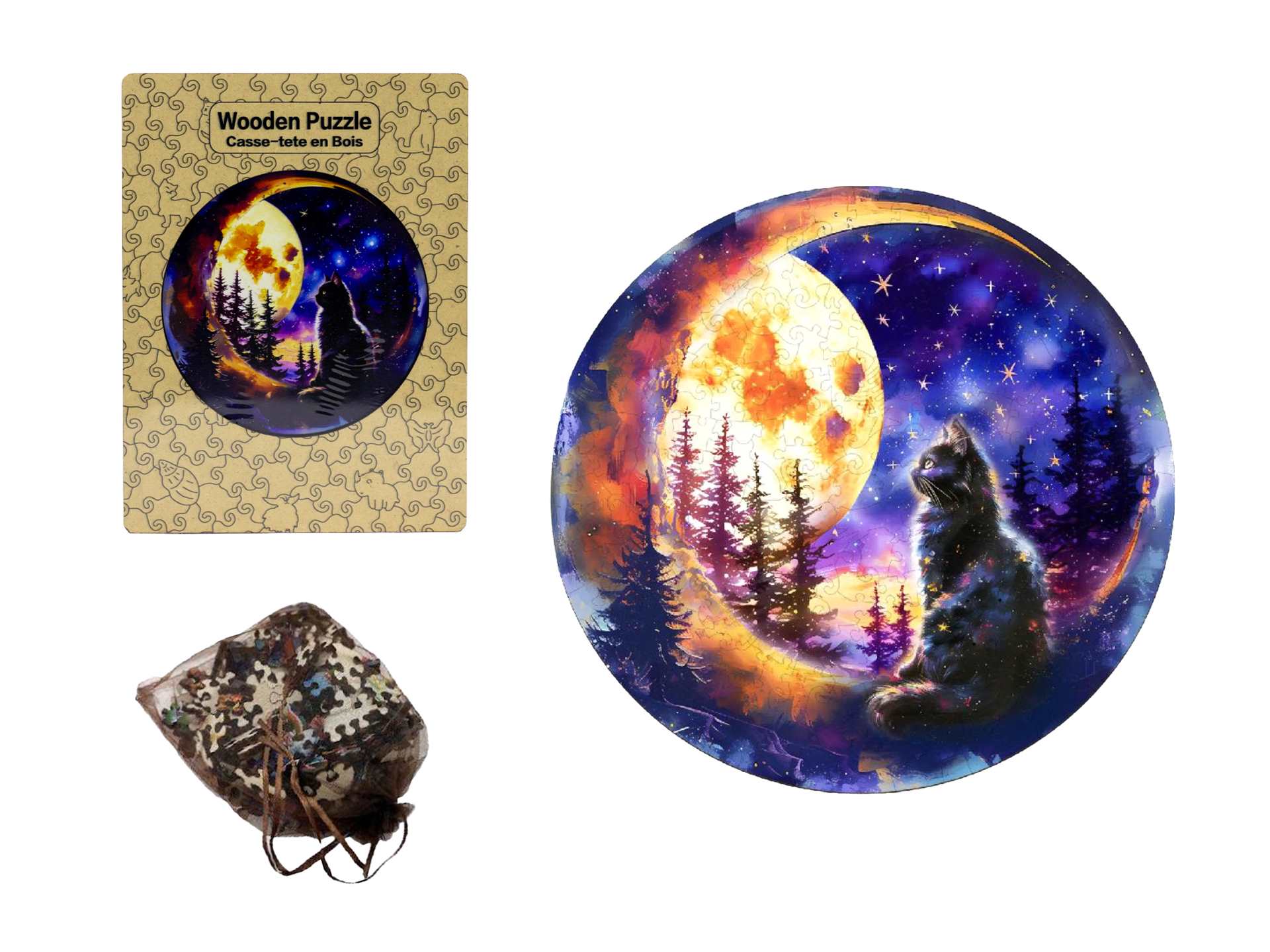 Round Wood Puzzle: Cat & Moon