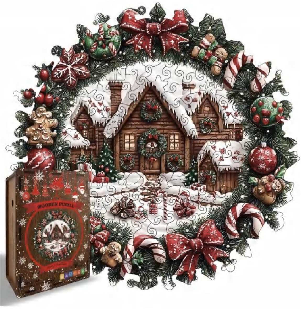 Round Wood Puzzle: Christmas Wreath