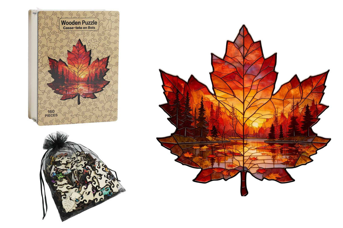 Wooden Shaped Puzzle-Maple Leaf Outdoor Scene