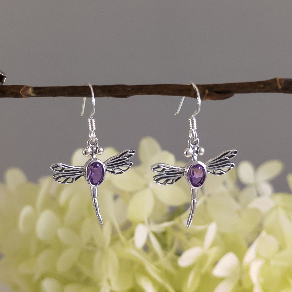 Dragonfly Earrings with Amethyst Stone