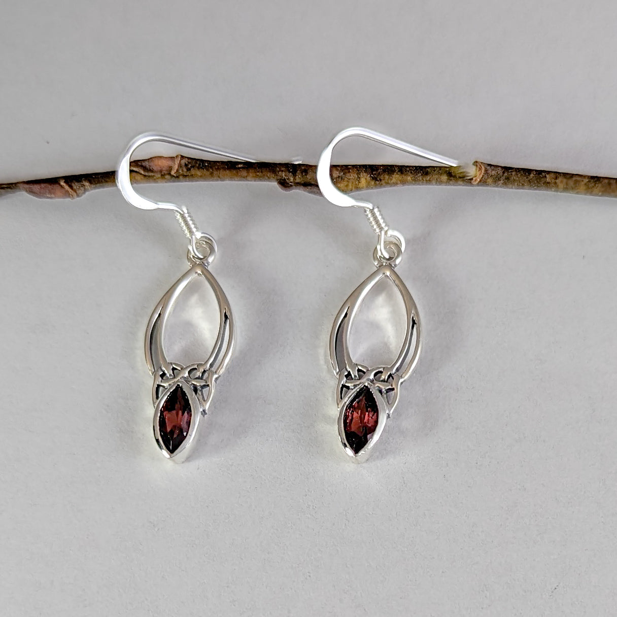 Pointed Knot Drop Earrings with Garnet