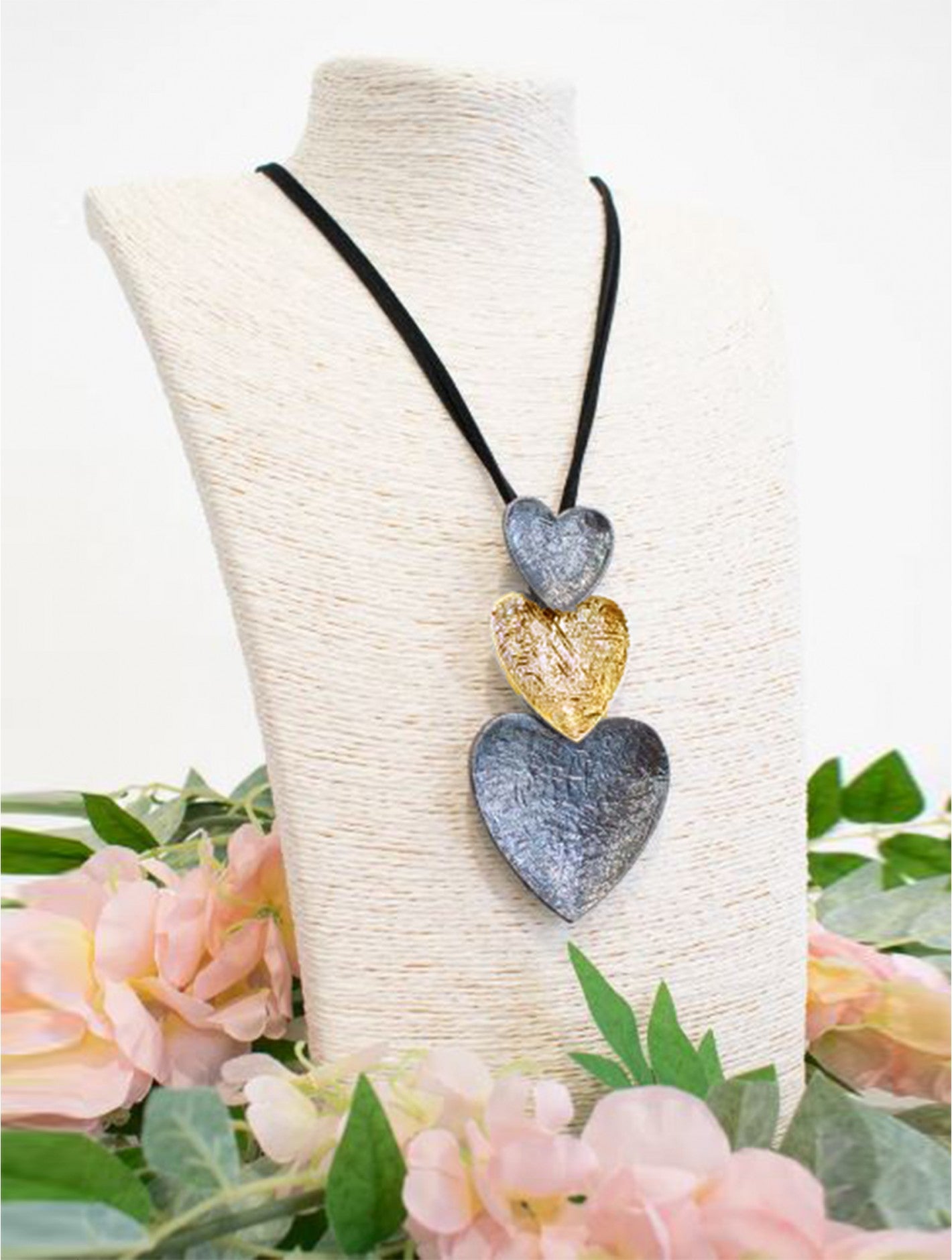 Rope Necklace with Stacked Heart Pendant
