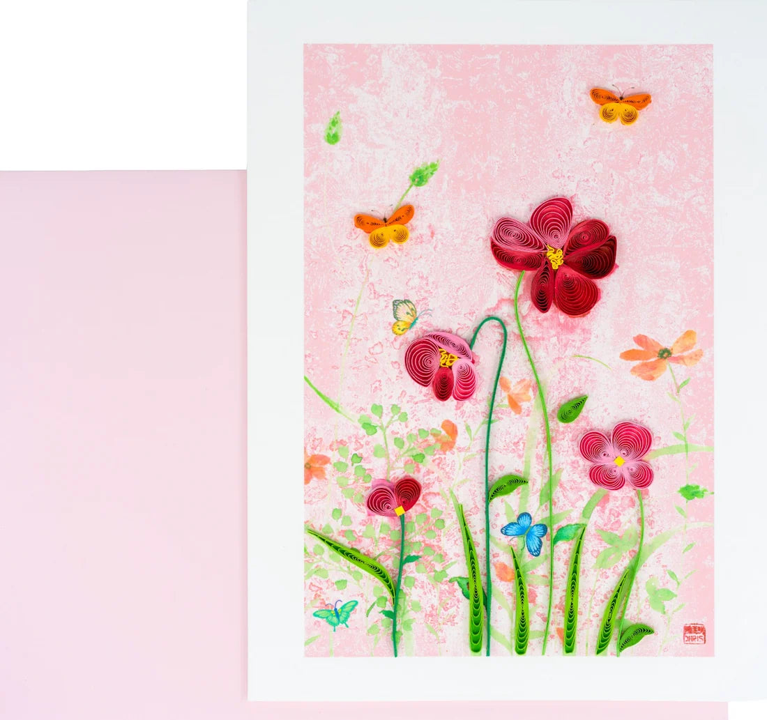 Quilled Pink Flowers Butterfly Blank Card