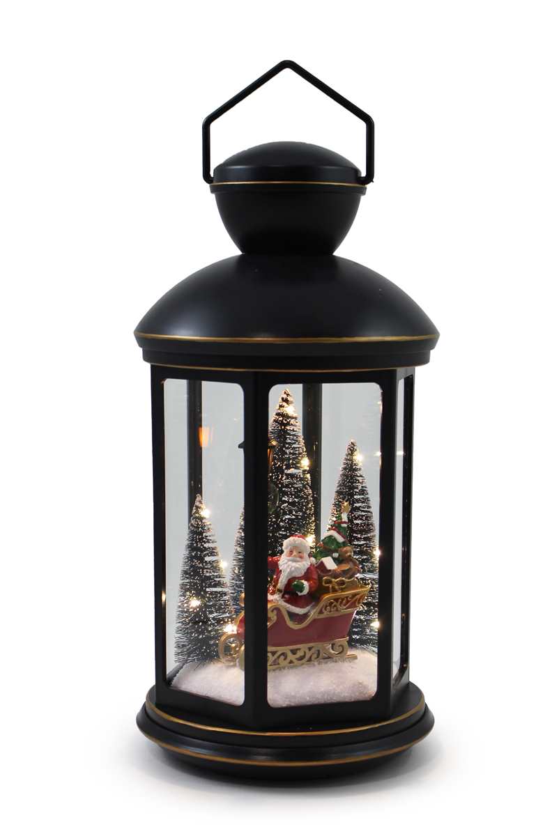 Round Black Lantern with Santa Scene