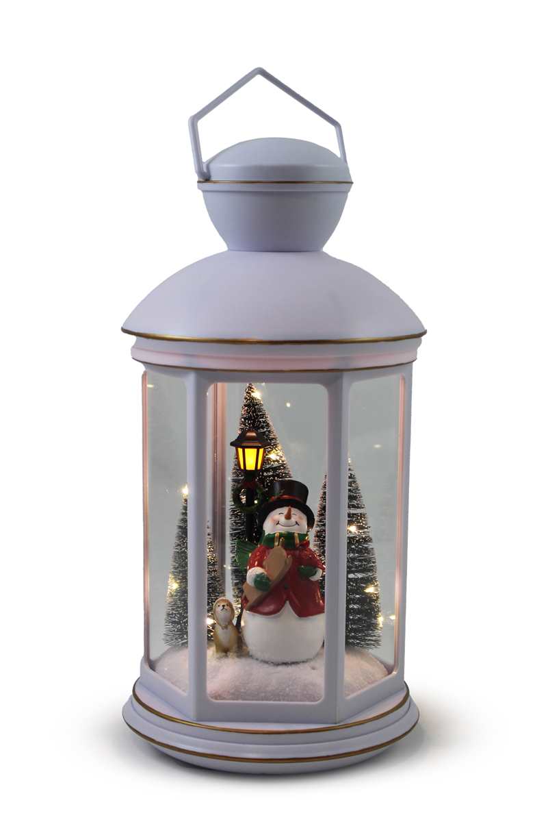 Round White Lantern with Snowman Scene