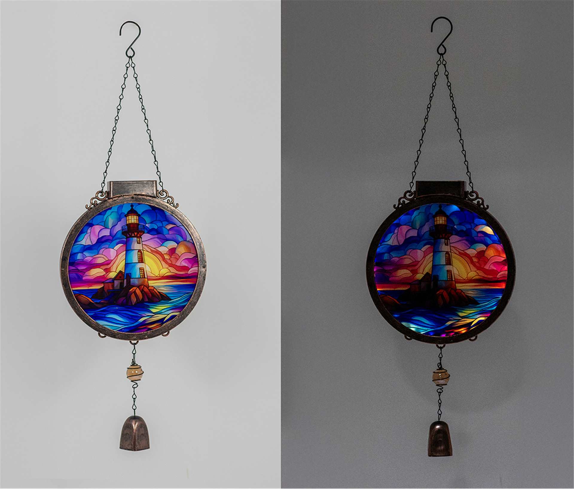 Solar Wind Chime with Stained Glass Lighthouse
