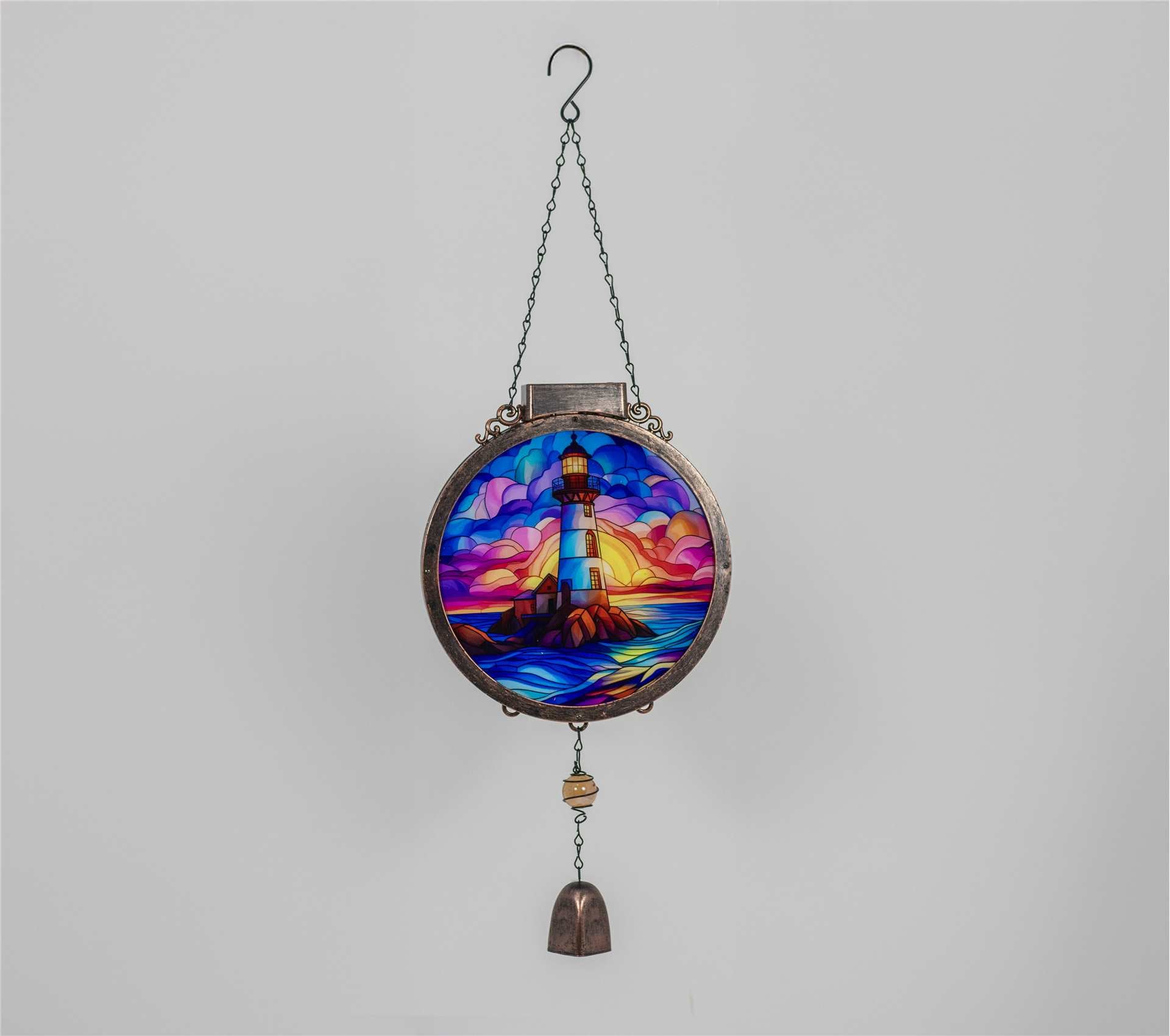 Solar Wind Chime with Stained Glass Lighthouse