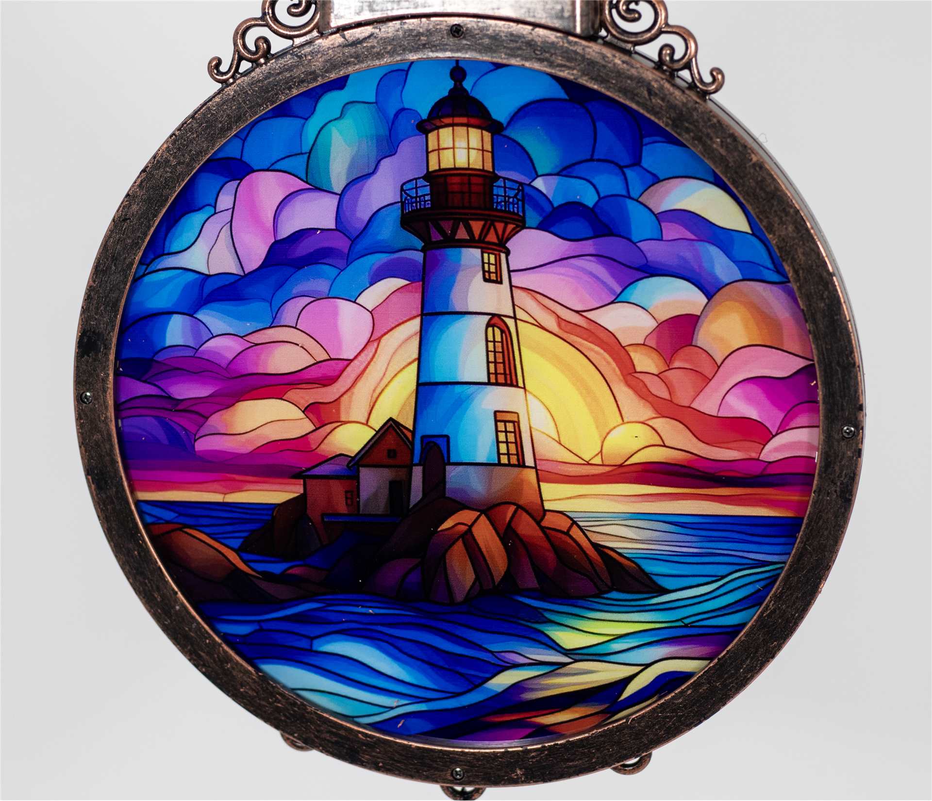 Solar Wind Chime with Stained Glass Lighthouse