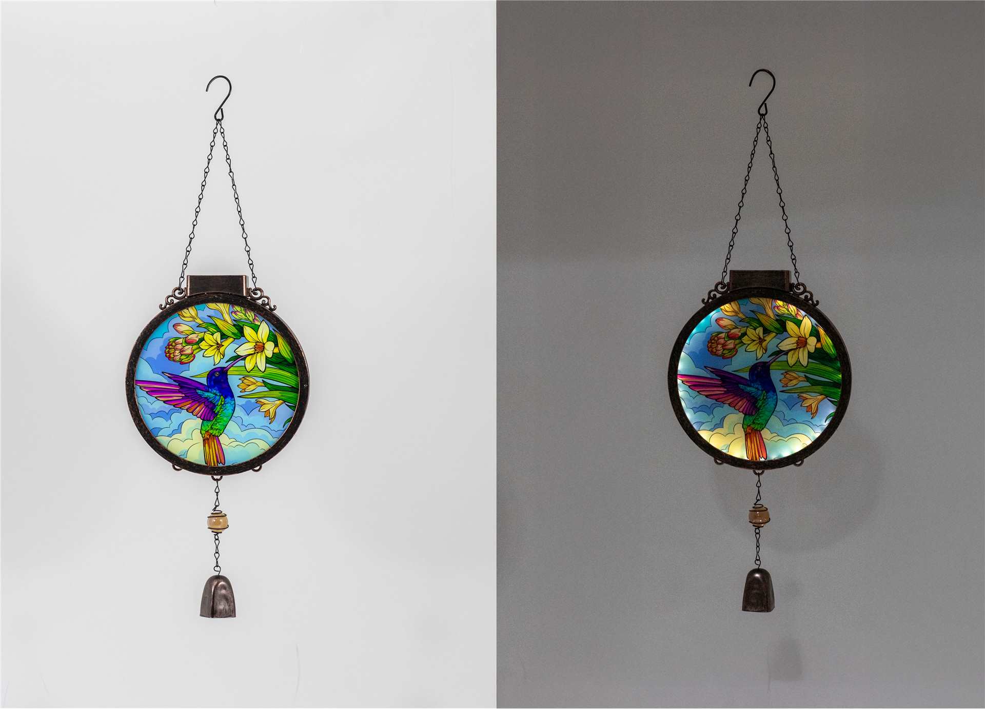 Solar Wind Chime with Stained Glass Hummingbird
