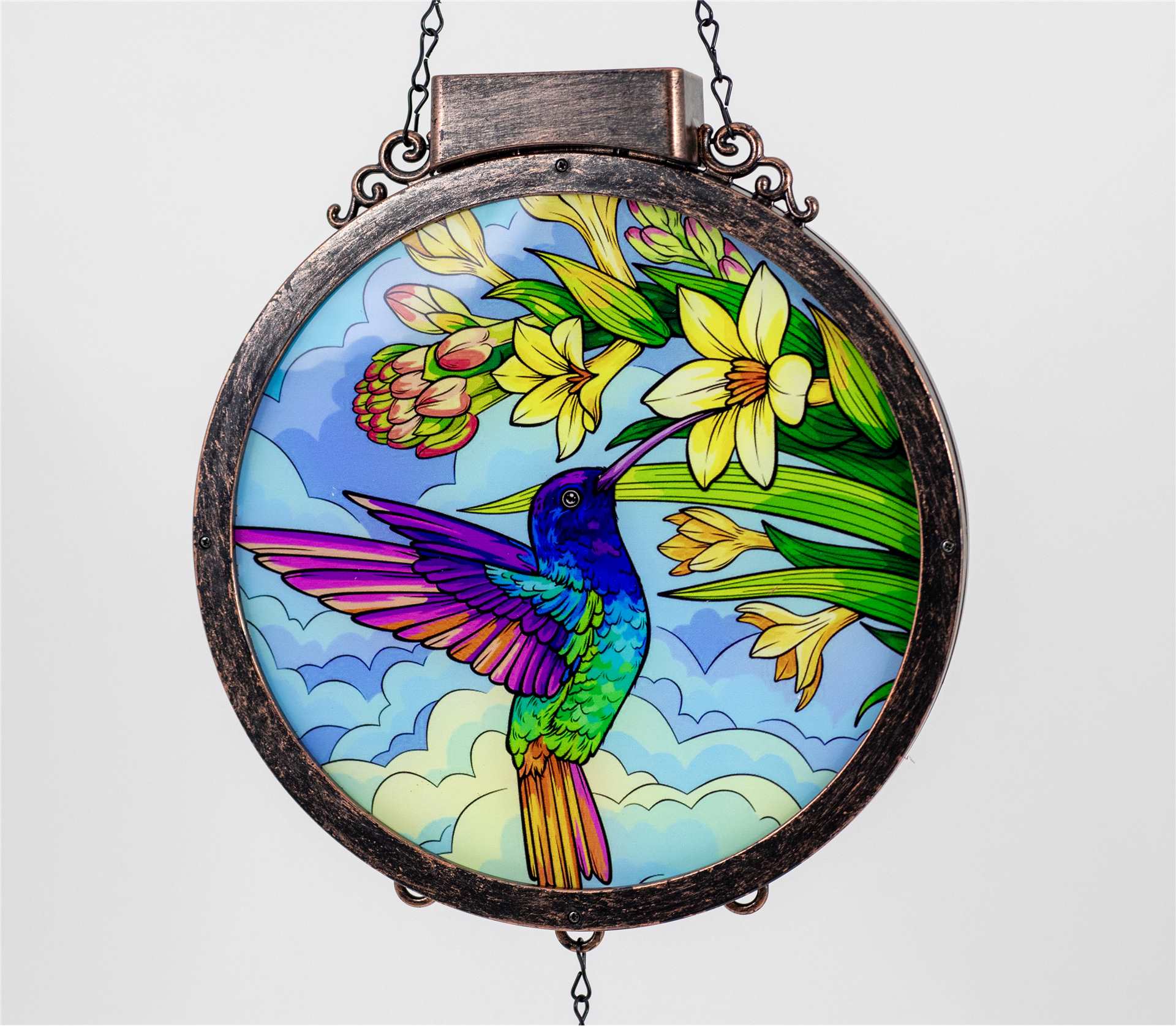 Solar Wind Chime with Stained Glass Hummingbird