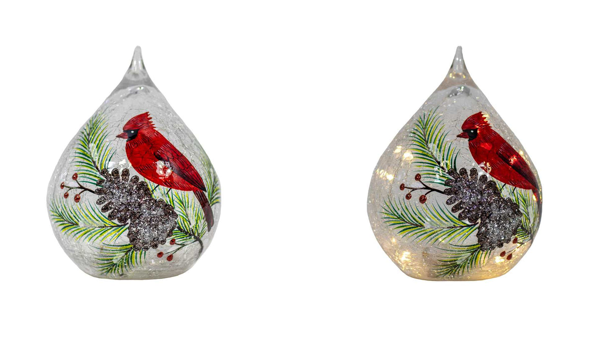 Glass Teardrop Lamp with Cardinals and Berries