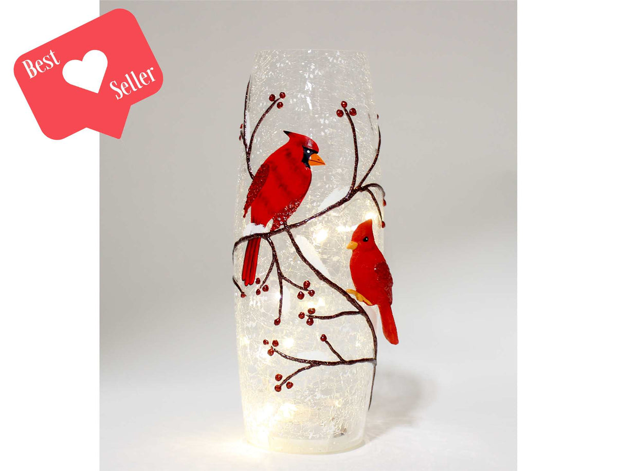 Glass Lamp with Cardinals and Berries