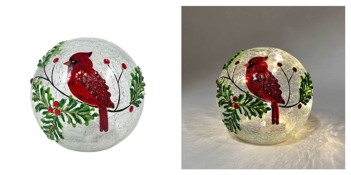 Glass Round Lamp with Cardinals and Berries