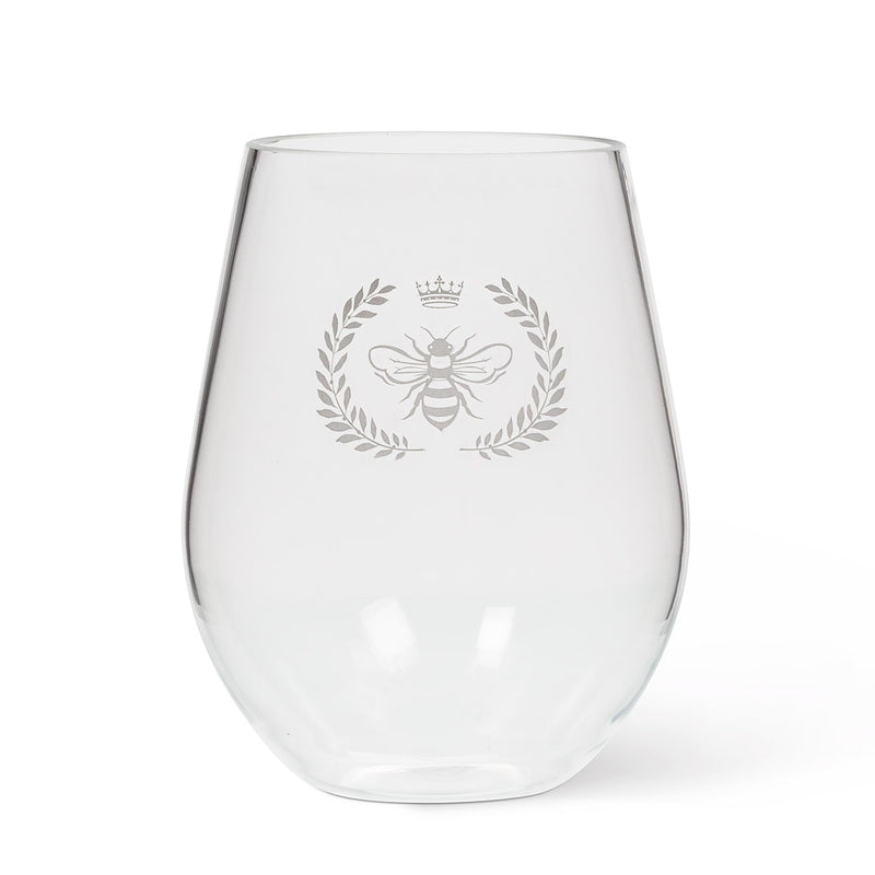 Frosted Bee in Crest Stemless Wine Glass