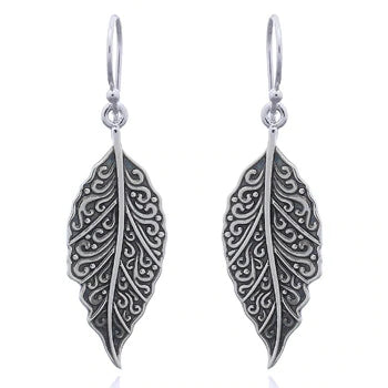 Intricate Leaf Earrings, Sterling Silver