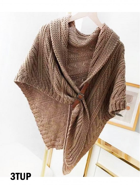 Triangular Knitted Scarf with Buckle