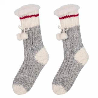 Grey Knit Slippers with Red Band