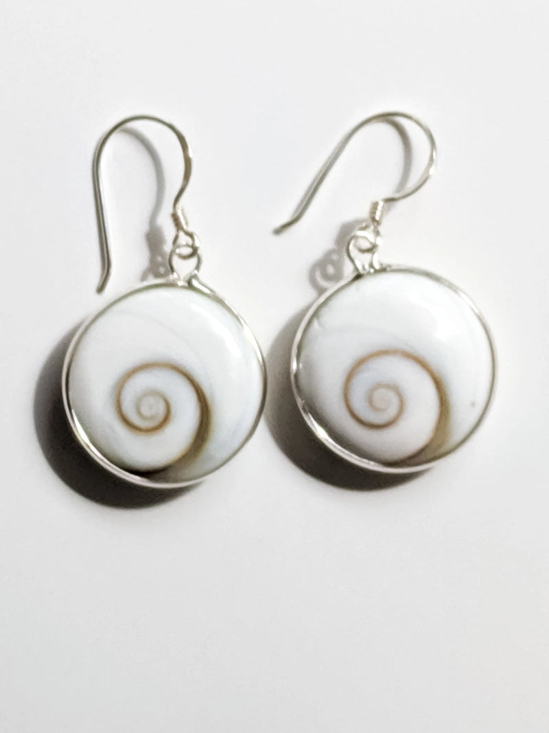 Round Shiva Eye Seashell Earrings, Sterling Silver