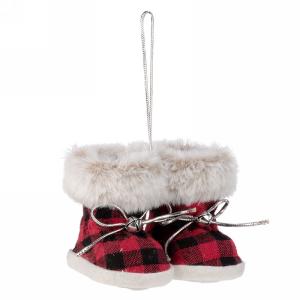 Red and Black Plaid hanging ornament with faux fur top, silver laces and bells
