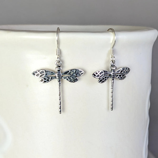 Dragonfly Earrings, Antique Look (Medium), Sterling Silver
