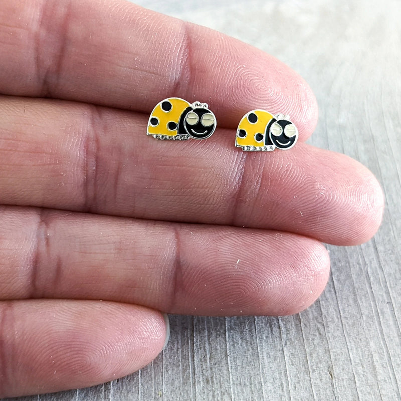 Yellow Beetle Stud Earrings, Sterling Silver