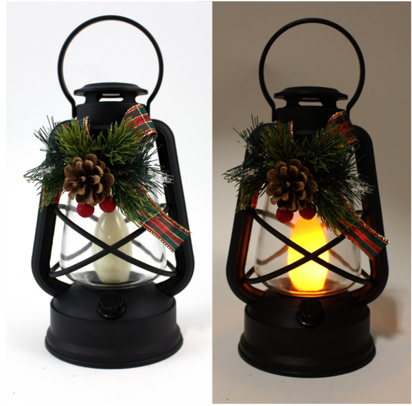 LED Lantern - Pine/Holly/Bow