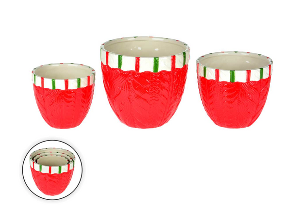 Red Bowl With Striped Rim Set