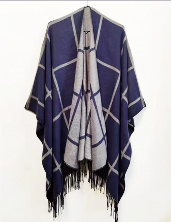 Plaid Patterned Cape with Fringe