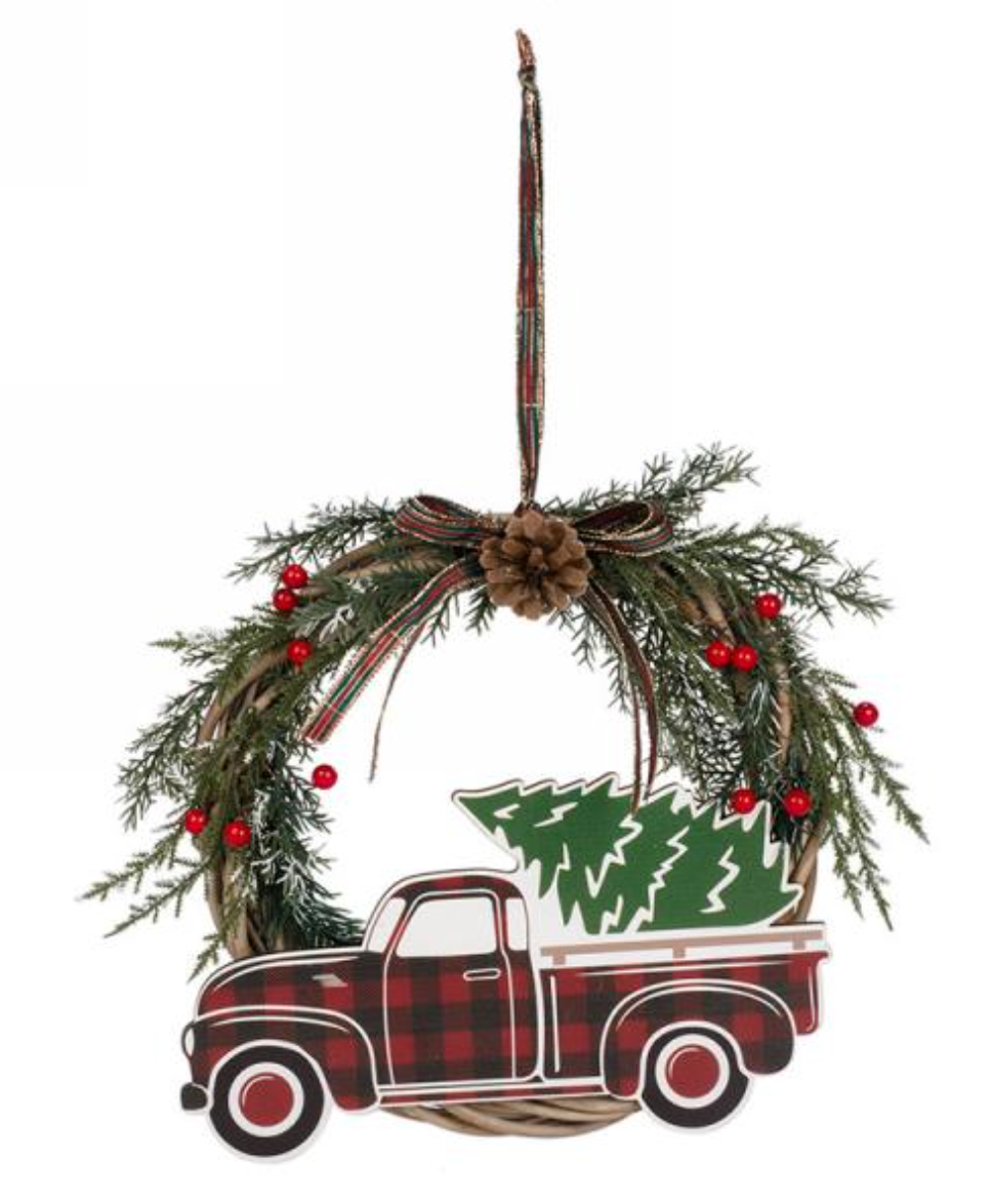 Pine Wreath with Plaid Truck-FINAL SALE